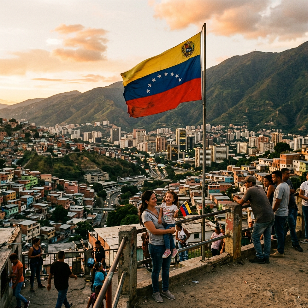 Woman holding child with Venezuelan flag overlooking Caracas city and mountains