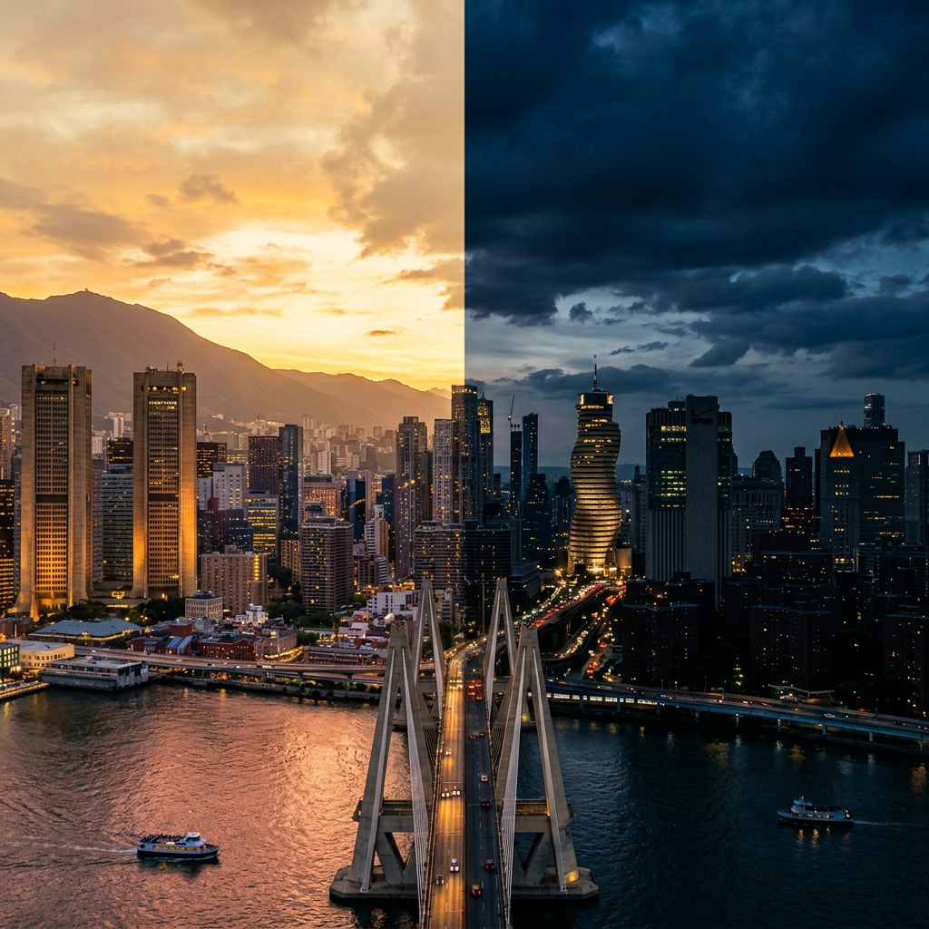 New York City skyline with day on left and night on right divided by a central line