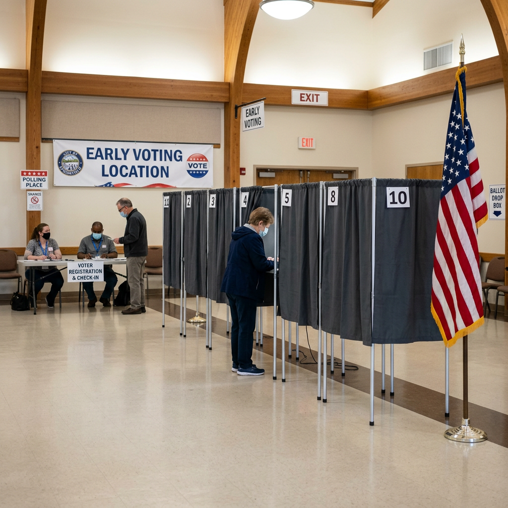 Voter checking in and casting ballot at early voting location with booths