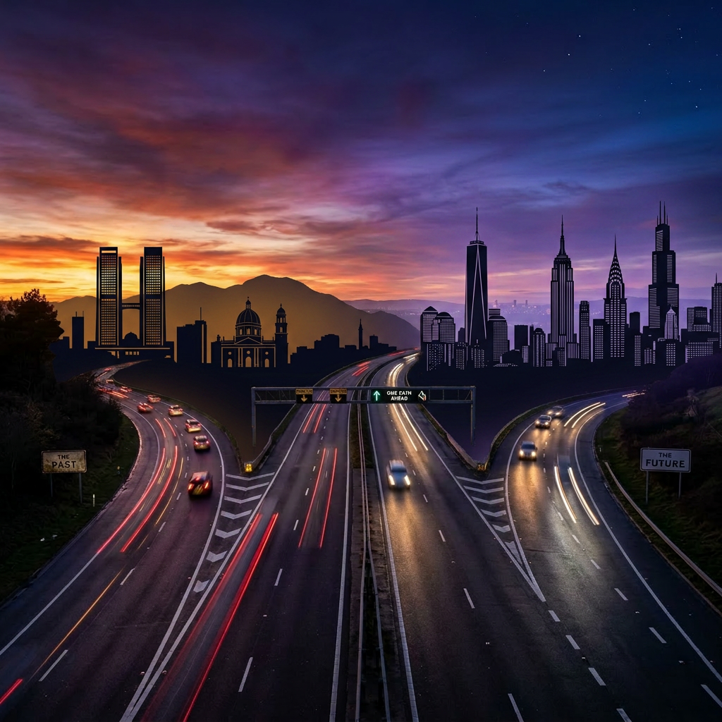 Highway with split lanes labeled The Past and The Future during sunset with cars moving