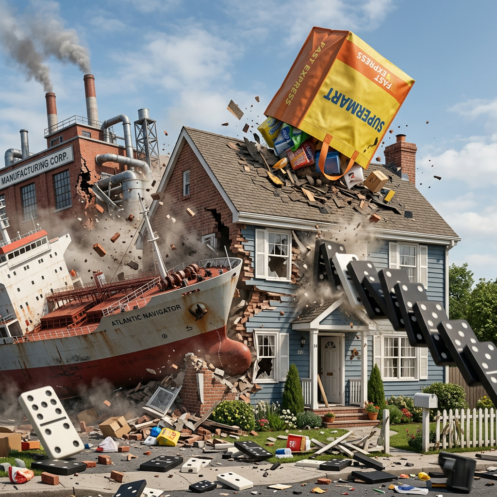 Rows of dominoes falling, causing a ship to crash into a factory, with packages hitting a house