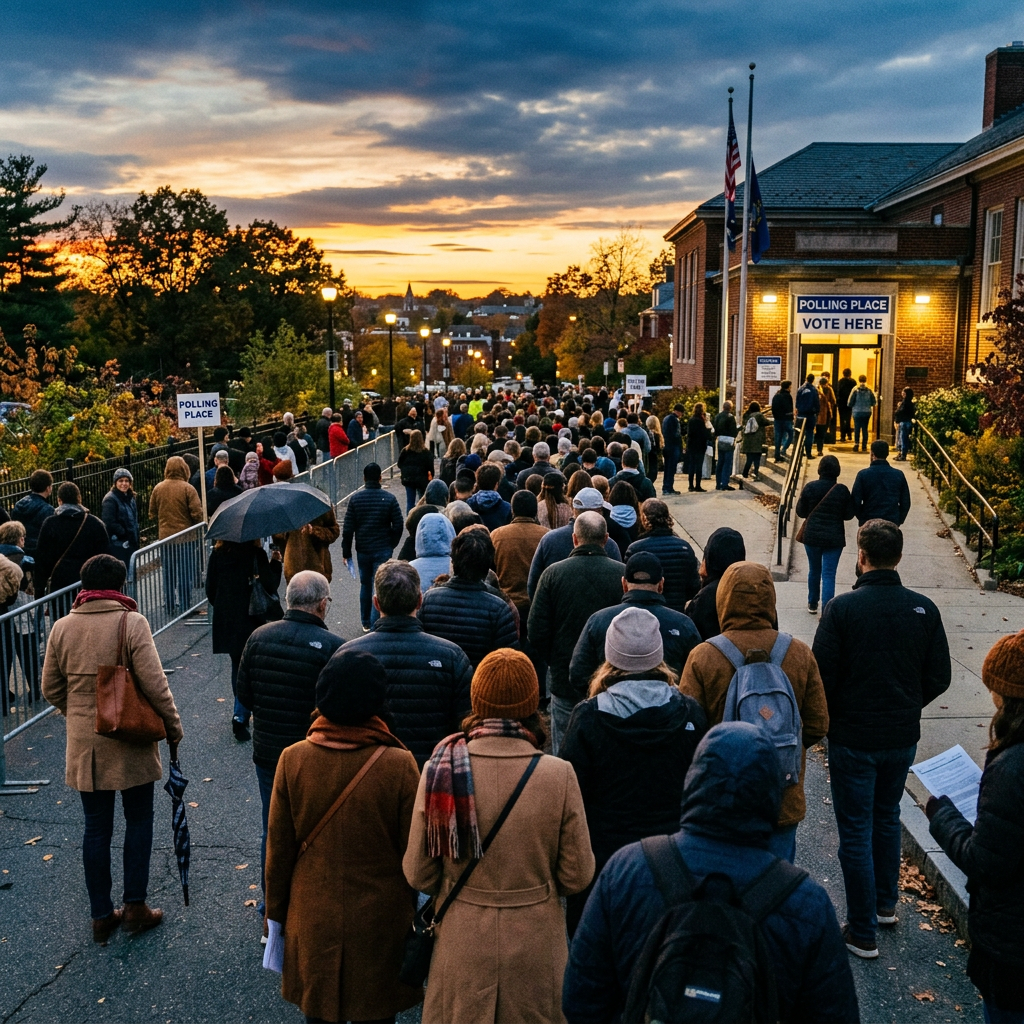 People standing in a long line outside a polling place with a 'Vote Here' sign at dusk