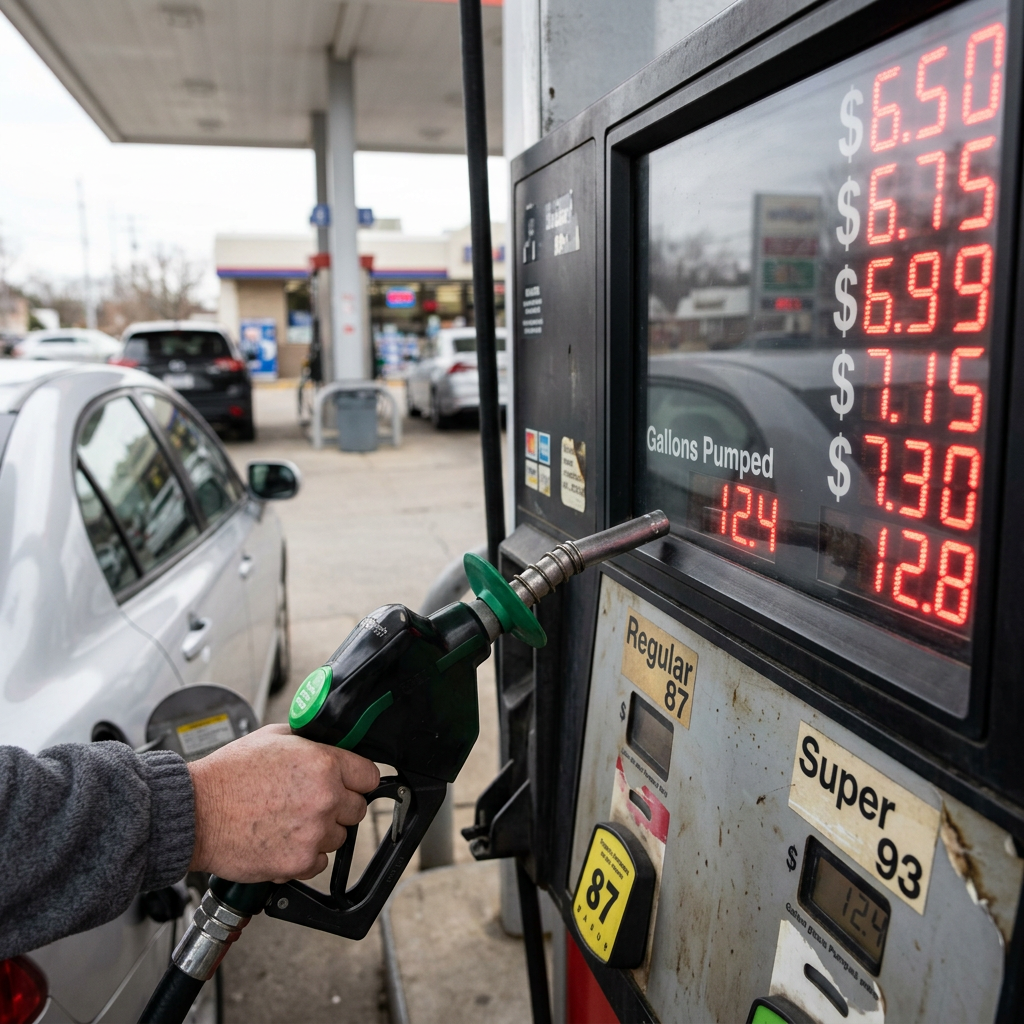 Hand holding gas pump nozzle fueling a car with digital display of fuel prices and gallons pumped