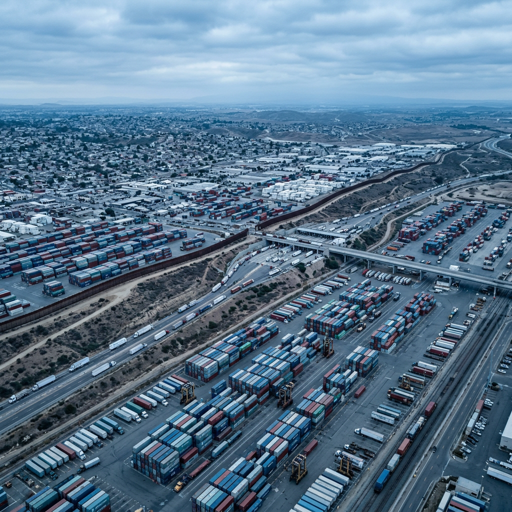Aerial view of a large shipping container yard with trucks and cranes under cloudy sky