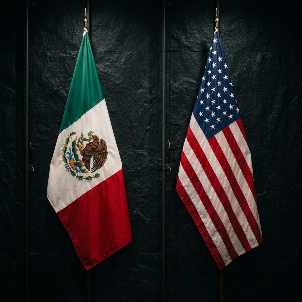 Flags of Mexico and the United States standing against a dark wall