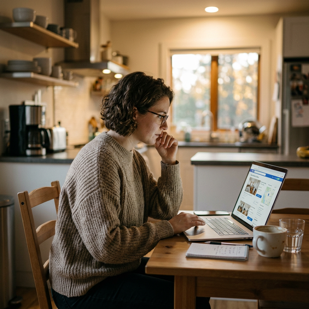 Person sitting at kitchen table working on a laptop with coffee and notebook nearby