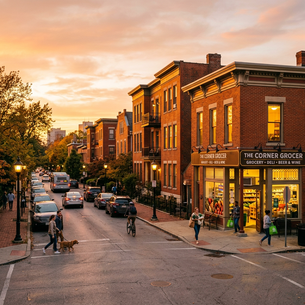 Neighborhood street with people walking, biking, and cars parked near a corner grocery store at sunset