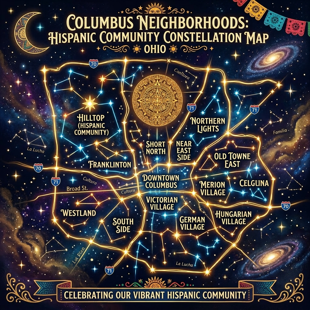 Map of Columbus neighborhoods depicted as star constellations celebrating the Hispanic community