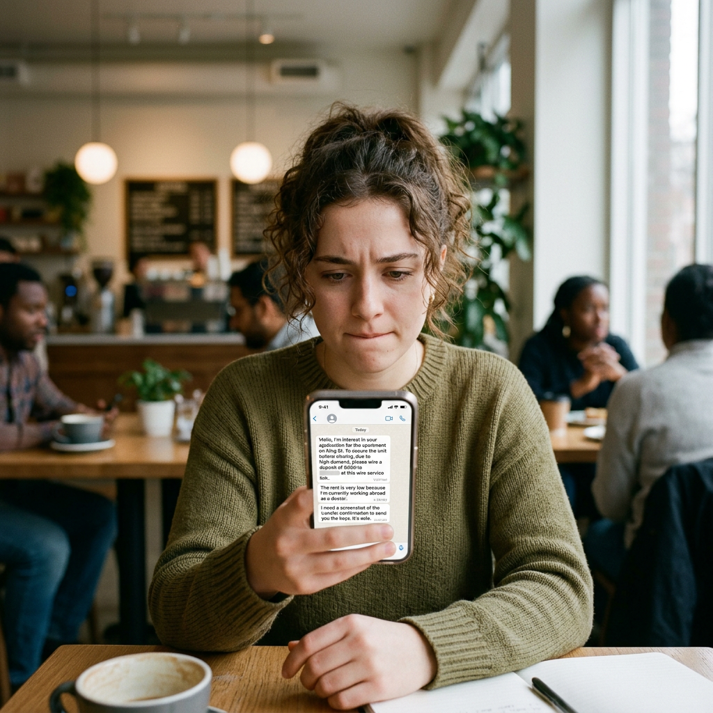 Woman in green sweater reading concerning message on phone in café
