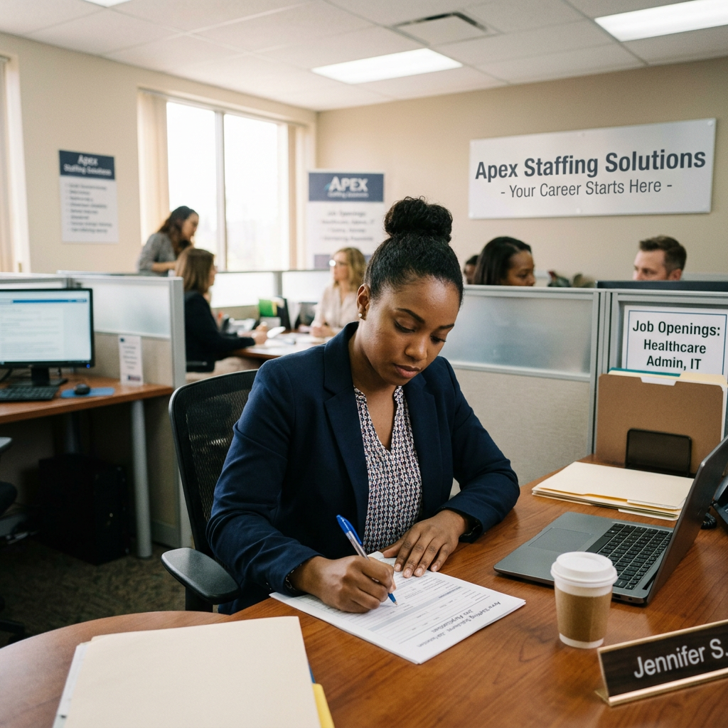 Person at staffing agency office filling application