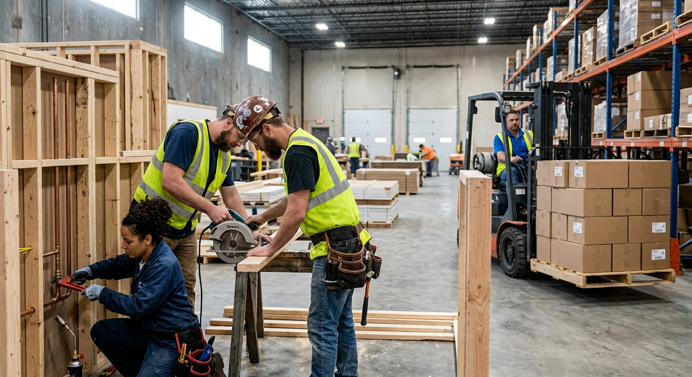 Workers cutting wood and adjusting pipes with forklift moving boxes in warehouse