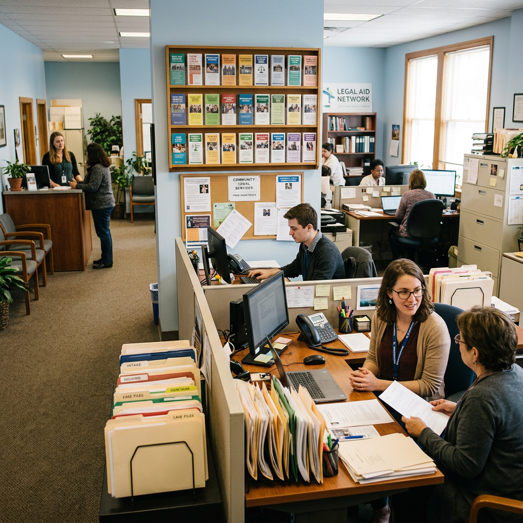 Nonprofit legal aid office interior, brochures, desks