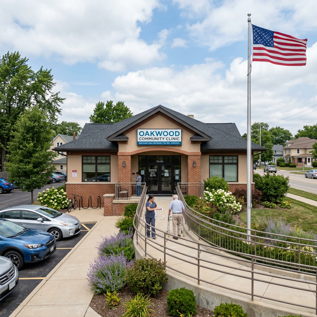 Nurse helping elderly man with walker on ramp outside Oakwood Community Clinic