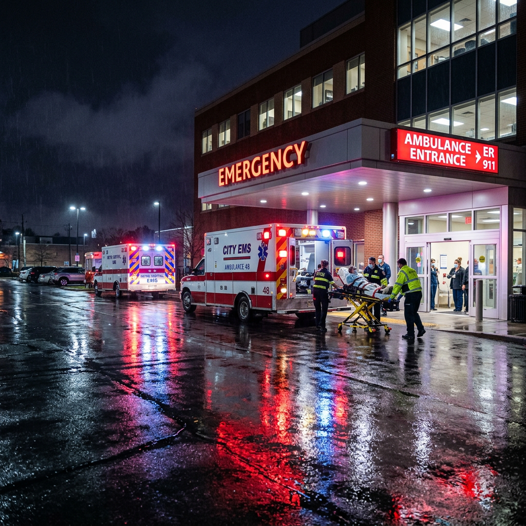 Night hospital ER entrance ambulances wet pavement