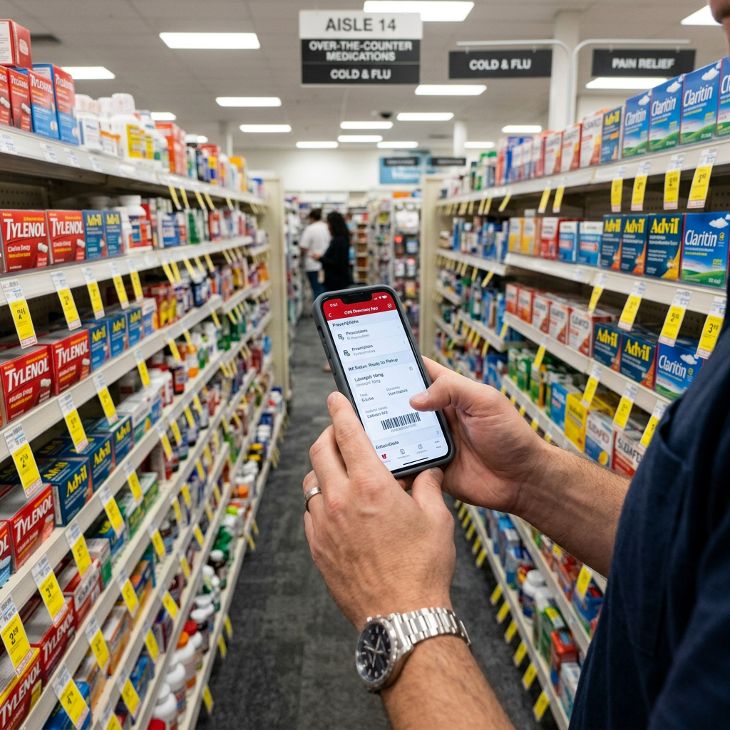 Hands holding smartphone in pharmacy aisle