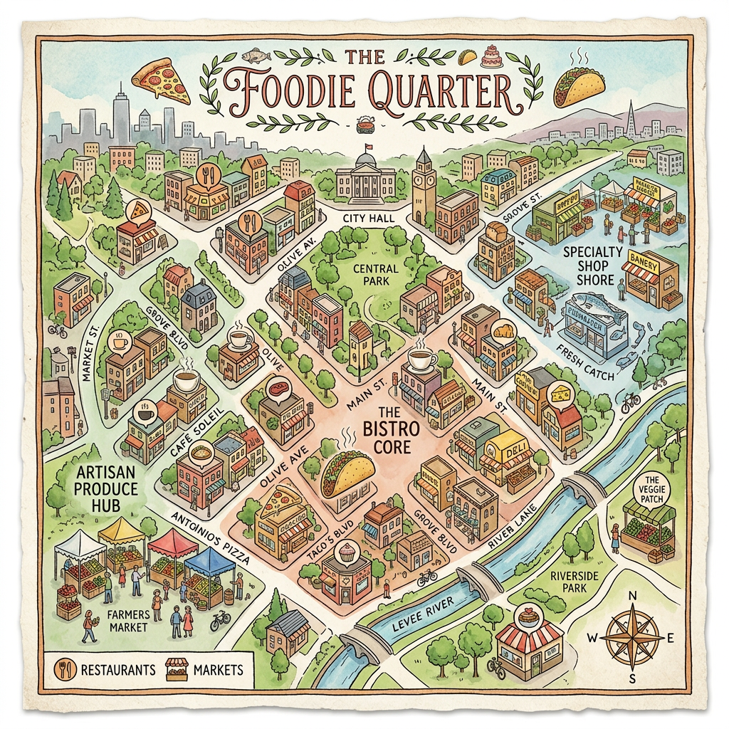 Illustrated map of Foodie Quarter showing restaurants, markets, streets, parks, and city hall
