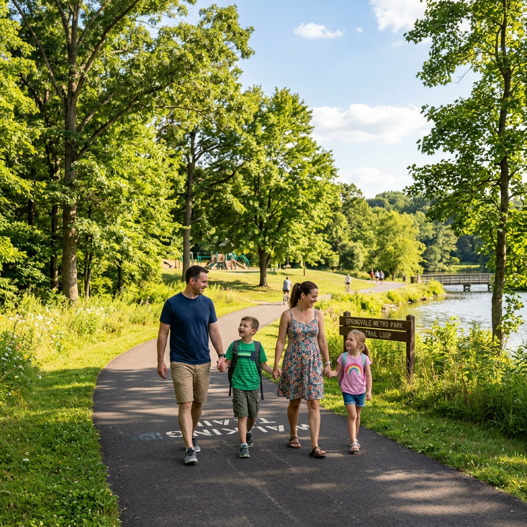 Family of four walking hand in hand on a paved trail in a green park with trees and a lake