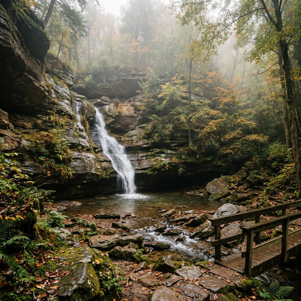 Ohio forest waterfall sandstone cliffs morning mist