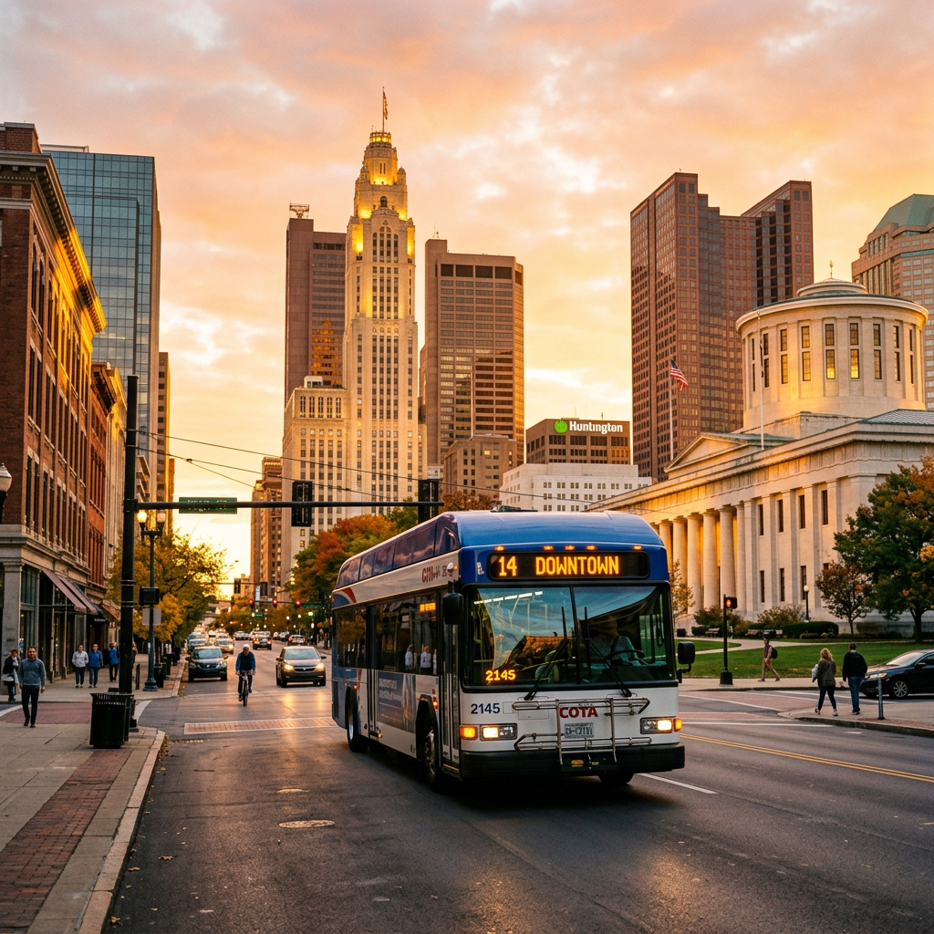 COTA bus number 2145 on route 14 Downtown traveling on a city street in Columbus Ohio at sunset