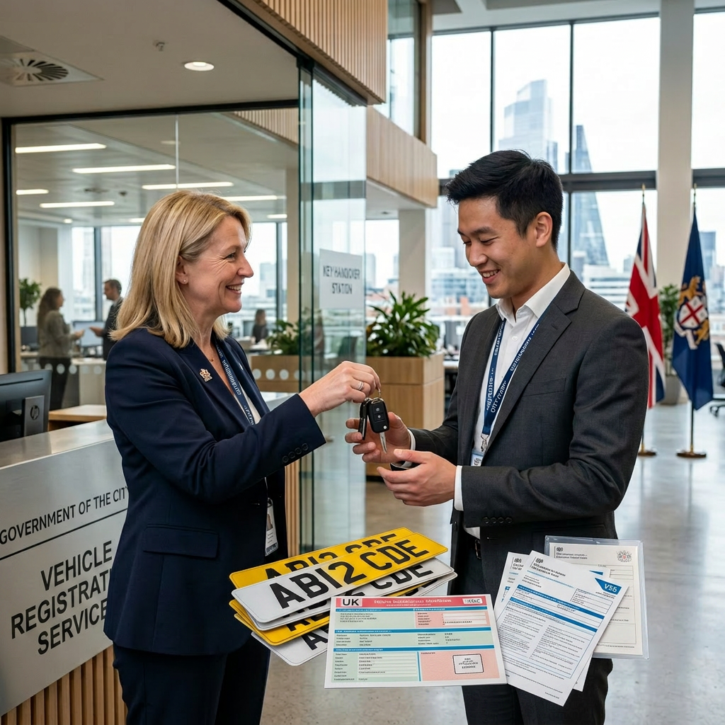Woman passing car keys to a smiling man in an office labeled Fleet Management