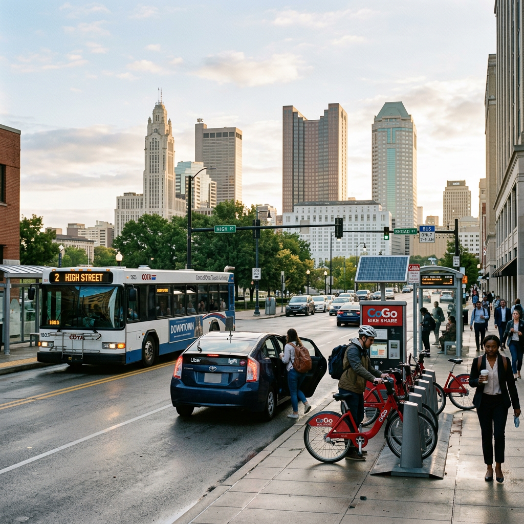 City street with bus, rideshare car, bike share station, and pedestrians
