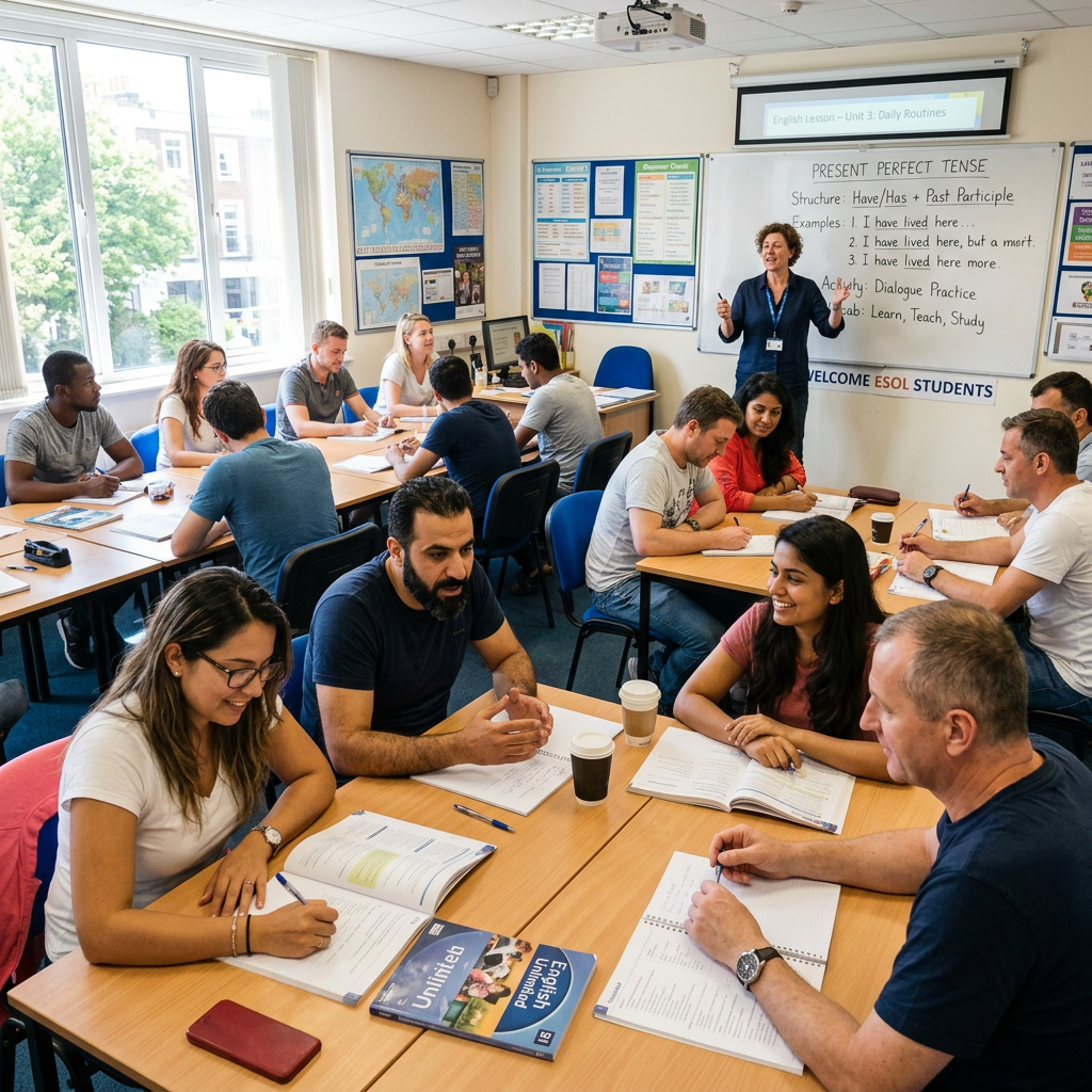 Diverse adult students learning English grammar in a classroom with teacher
