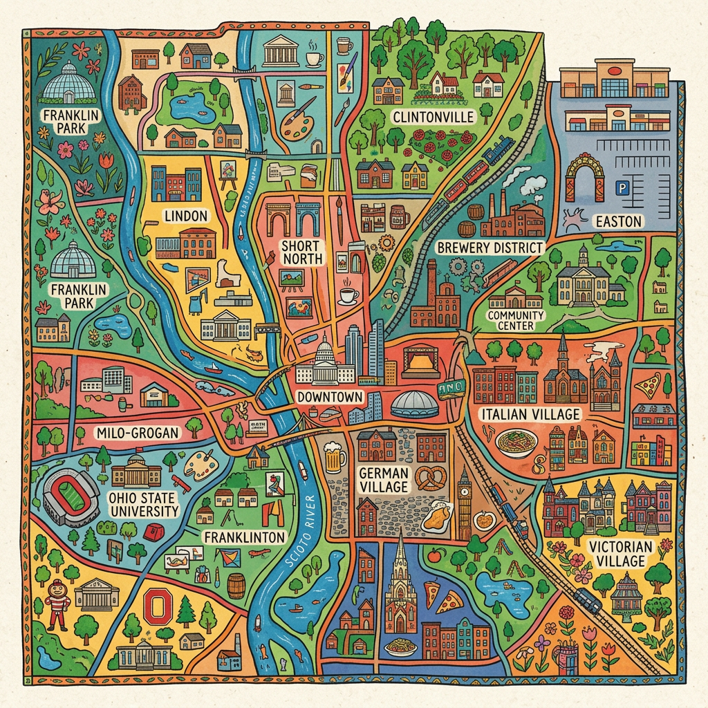 Illustrated map of Columbus neighborhoods with iconic landmarks and symbols