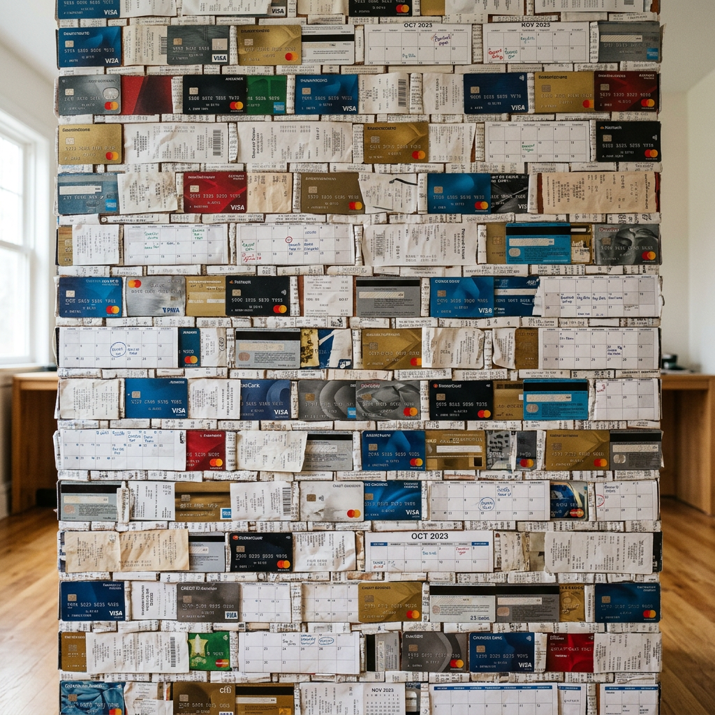 Grid wall display of multiple credit cards and receipts organized in rows