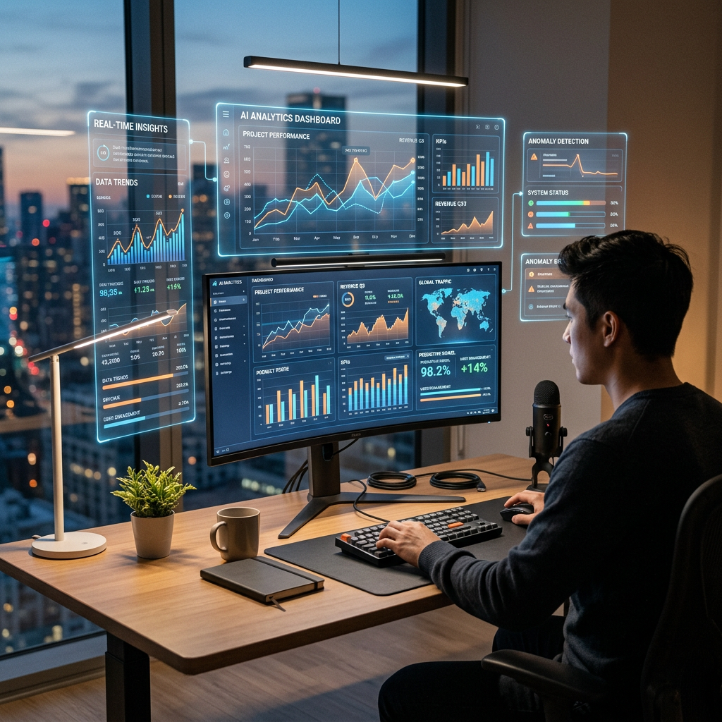Person working at a desk with holographic AI analytics dashboard and data charts