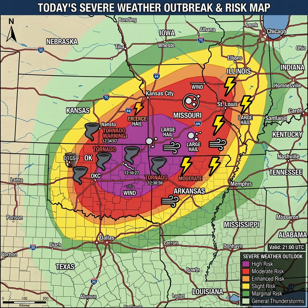 Weather risk map showing regions with tornado warnings, large hail, and wind threats across parts of Kansas, Oklahoma, Missouri, Illinois, and Arkansas