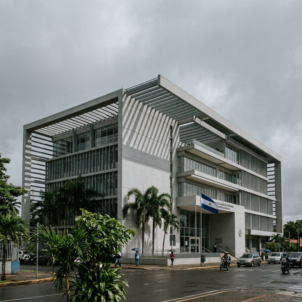 Modern government office building with glass windows, palm trees, and flag