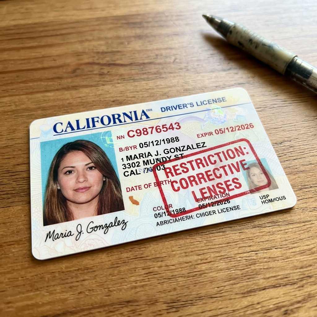California driver's license with photo, name Maria J. Gonzalez, and restriction for corrective lenses