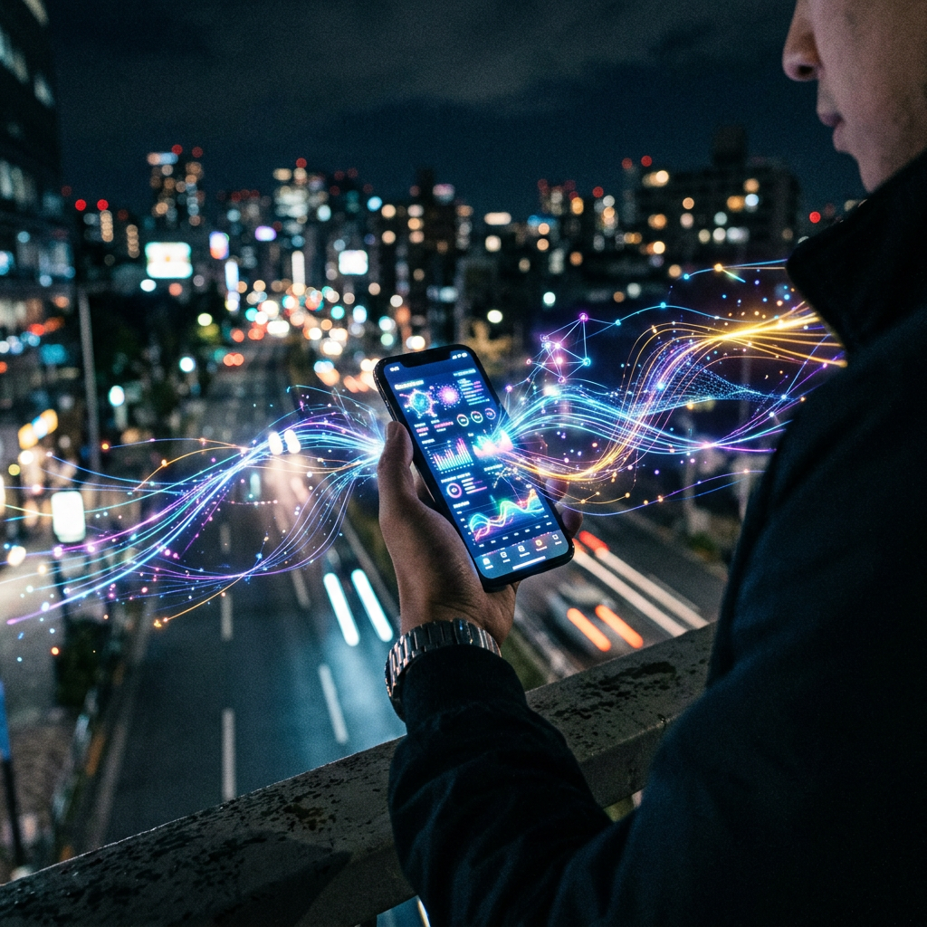 Person holding smartphone displaying colorful data graphs and digital connections at night