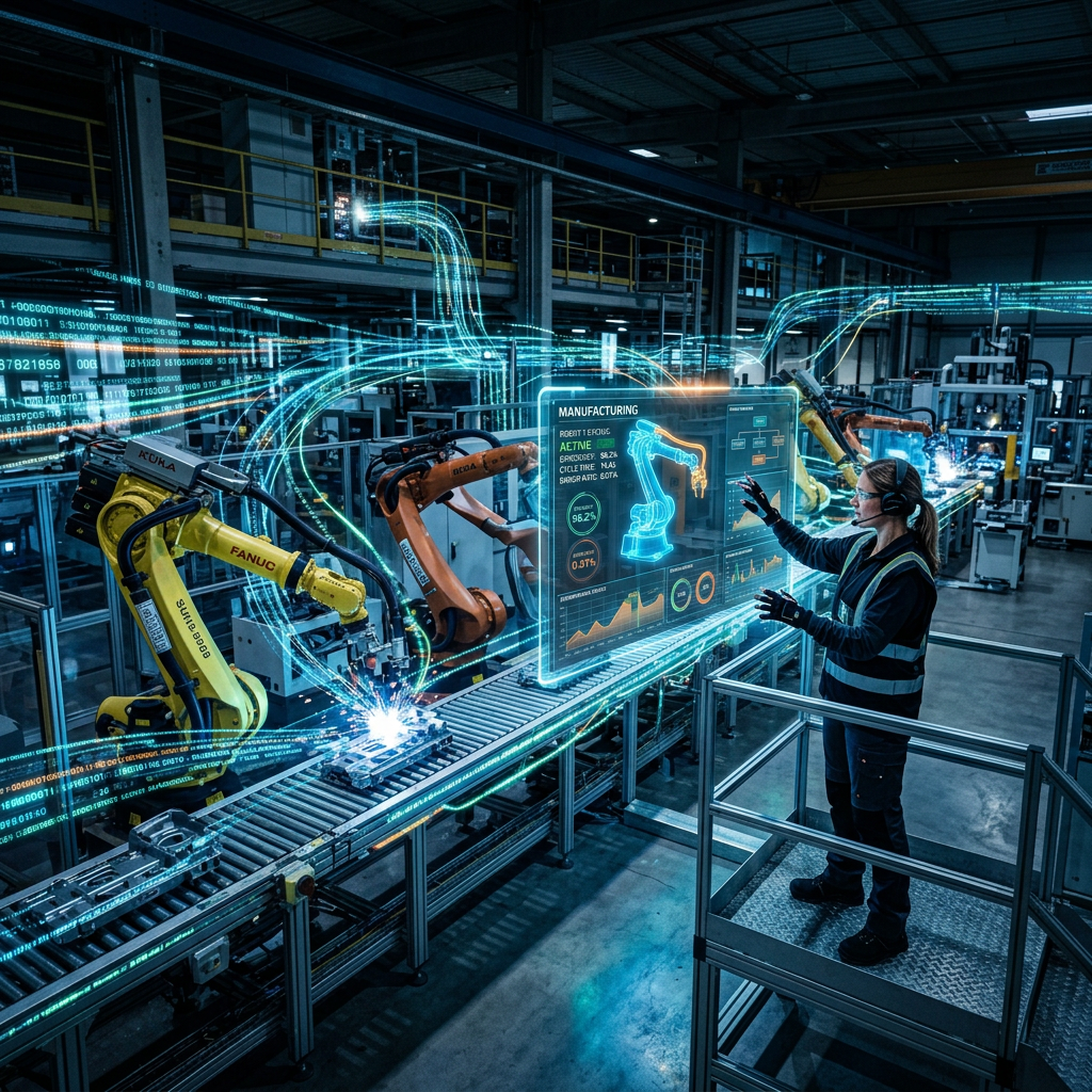 Technician using augmented reality interface to control robotic arms on factory assembly line