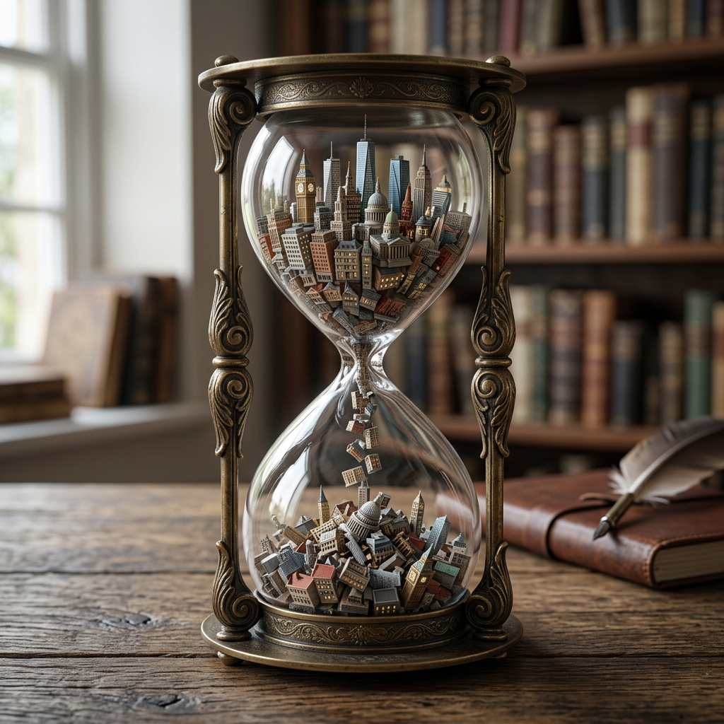 Ornate hourglass with miniature cityscape falling inside