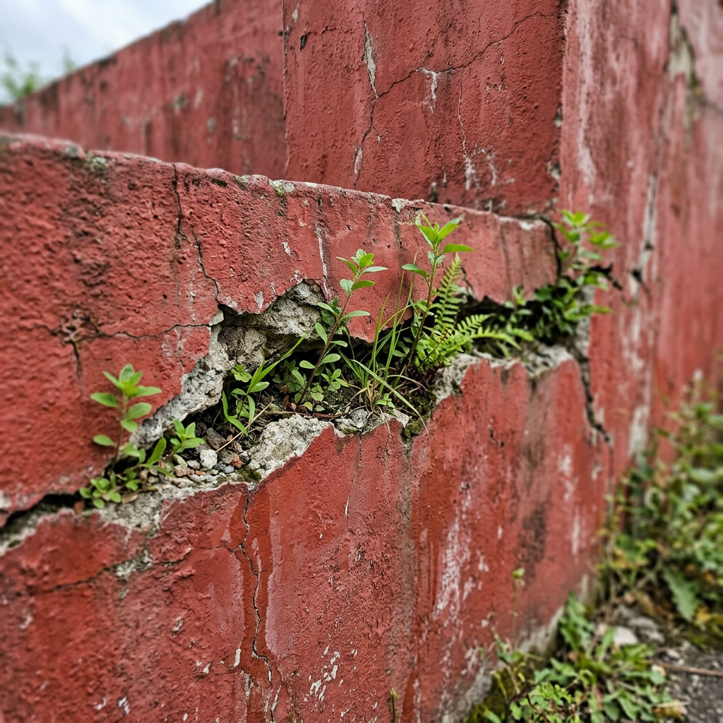 Green plants growing through cracks in a weathered red concrete wall