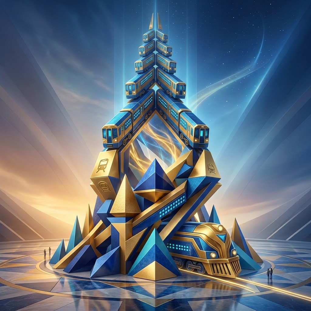 Large blue and gold geometric sculpture with sharp, angular shapes in a plaza with observers