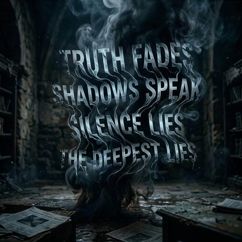 Swirling smoke forming the words 'Truth fades shadows speak silence lies the deepest lies' in a dark deserted room with scattered newspapers.