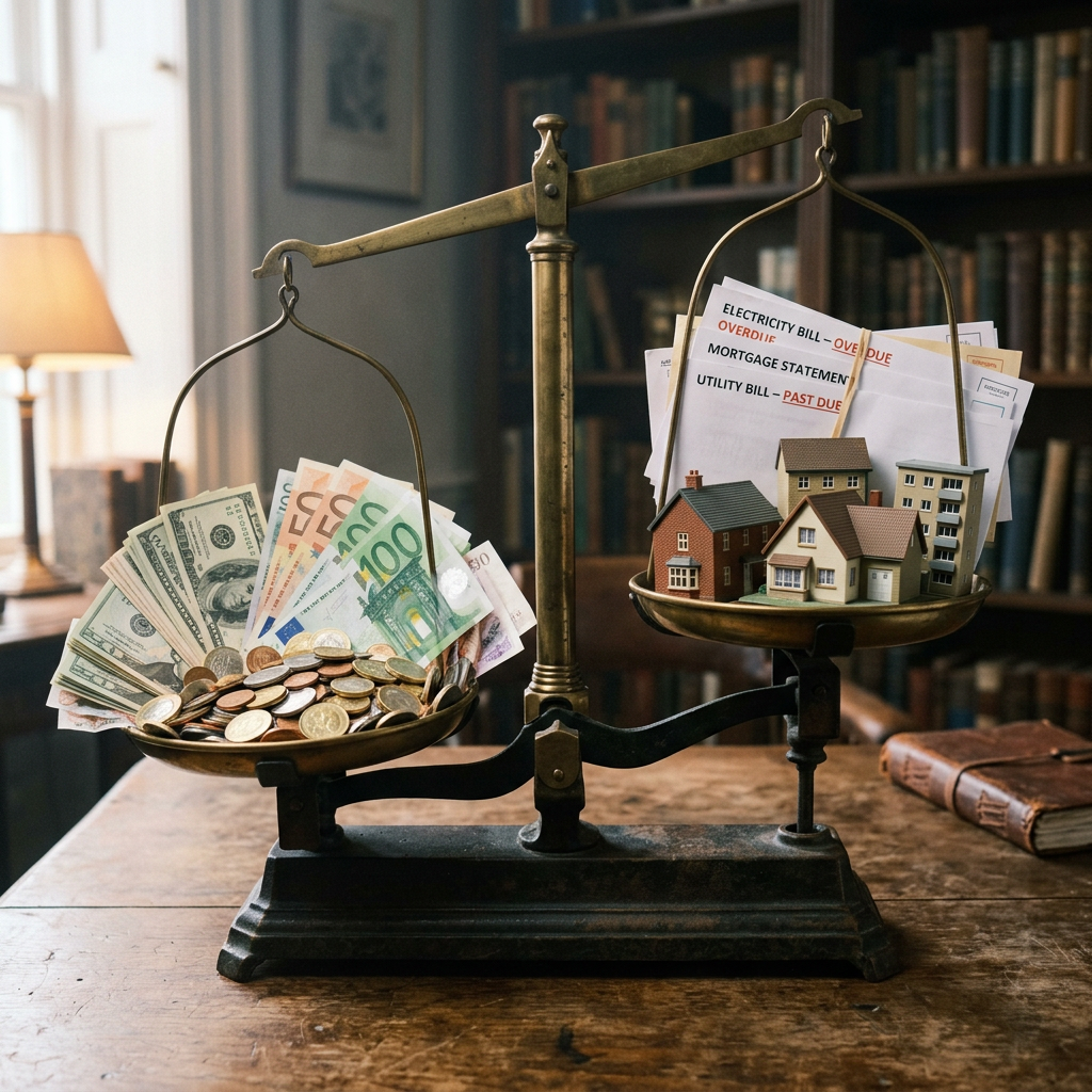 Balance scale money outweighing houses and bills