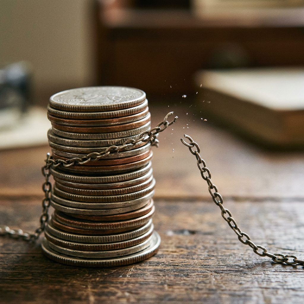 Stack of coins with a breaking chain around them on a wooden surface