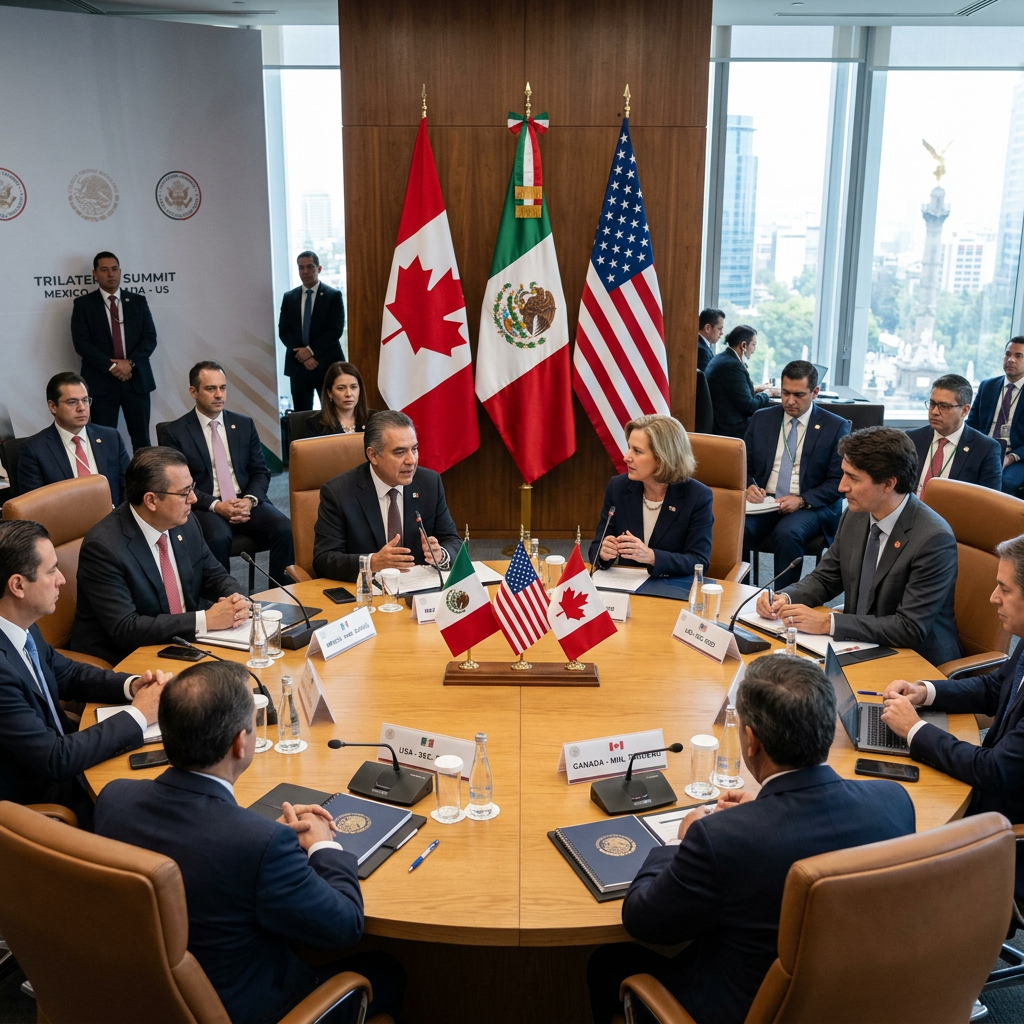 Leaders sitting around a round table with Canadian, Mexican, and American flags during a summit meeting