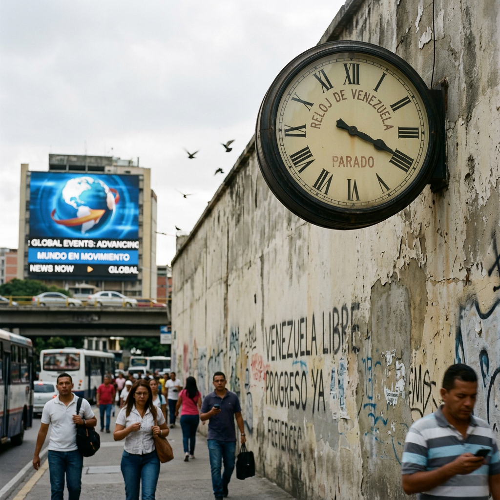 Stopped clock over Venezuela wall, global events advancing