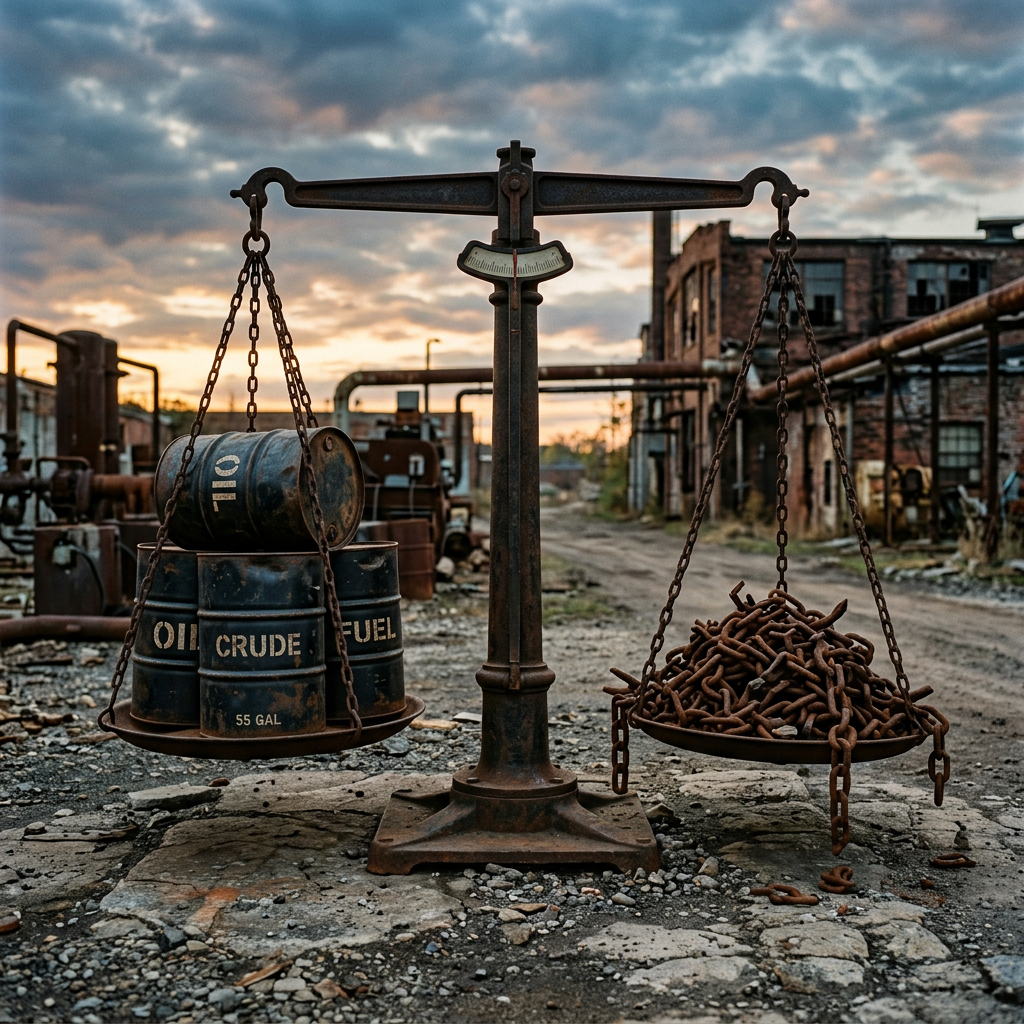 Balance scale with oil barrels on one side and rusty chains on the other side in an abandoned industrial area