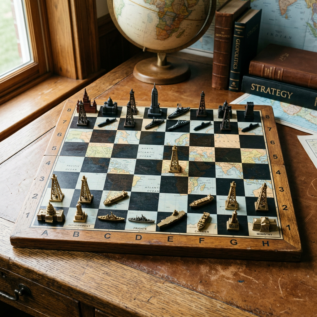 Chessboard featuring miniature city landmarks and naval vessels on world map squares