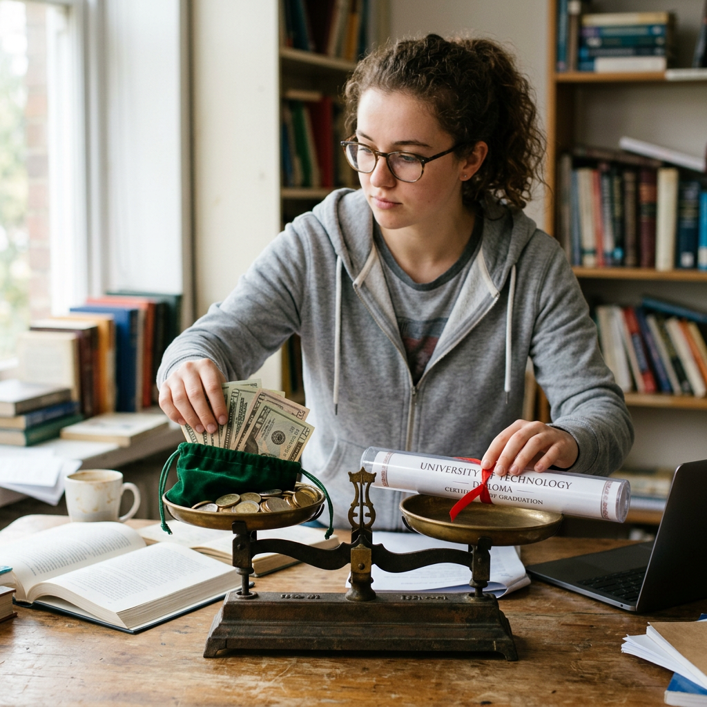 Student placing money on one side of balance scale and diploma on the other