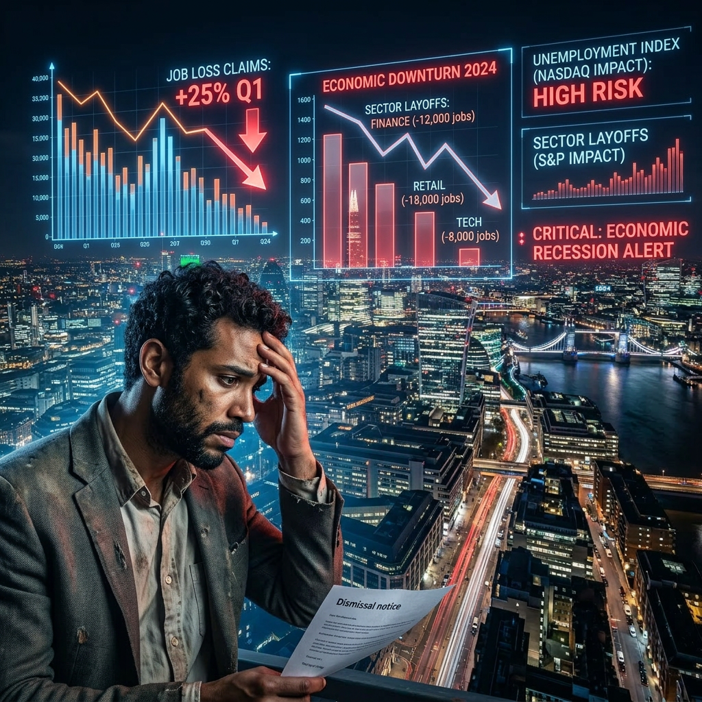 London skyline at night with digital financial graphs showing market trends and stock data