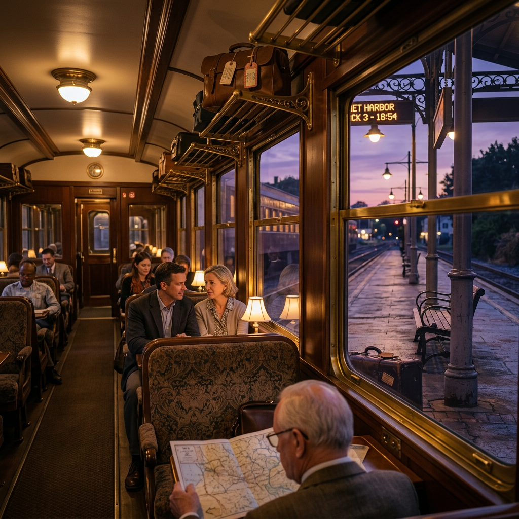 Vintage train at Quiet Harbor station platform during sunset with lit interior and suitcase on platform