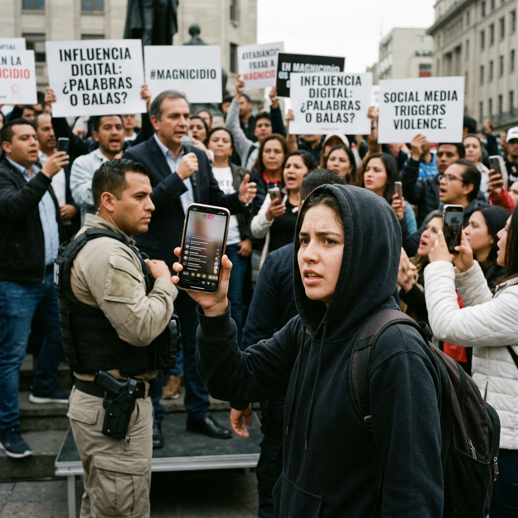 Crowd of protesters with signs about digital influence and violence; woman live streaming on phone