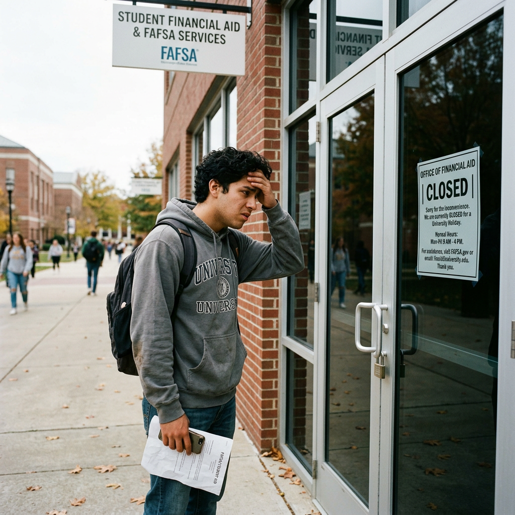 Student looking at closed sign on financial aid office door