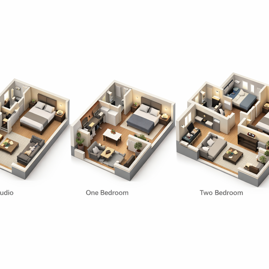 3D floor plans of studio, one-bedroom, and two-bedroom apartments with furniture